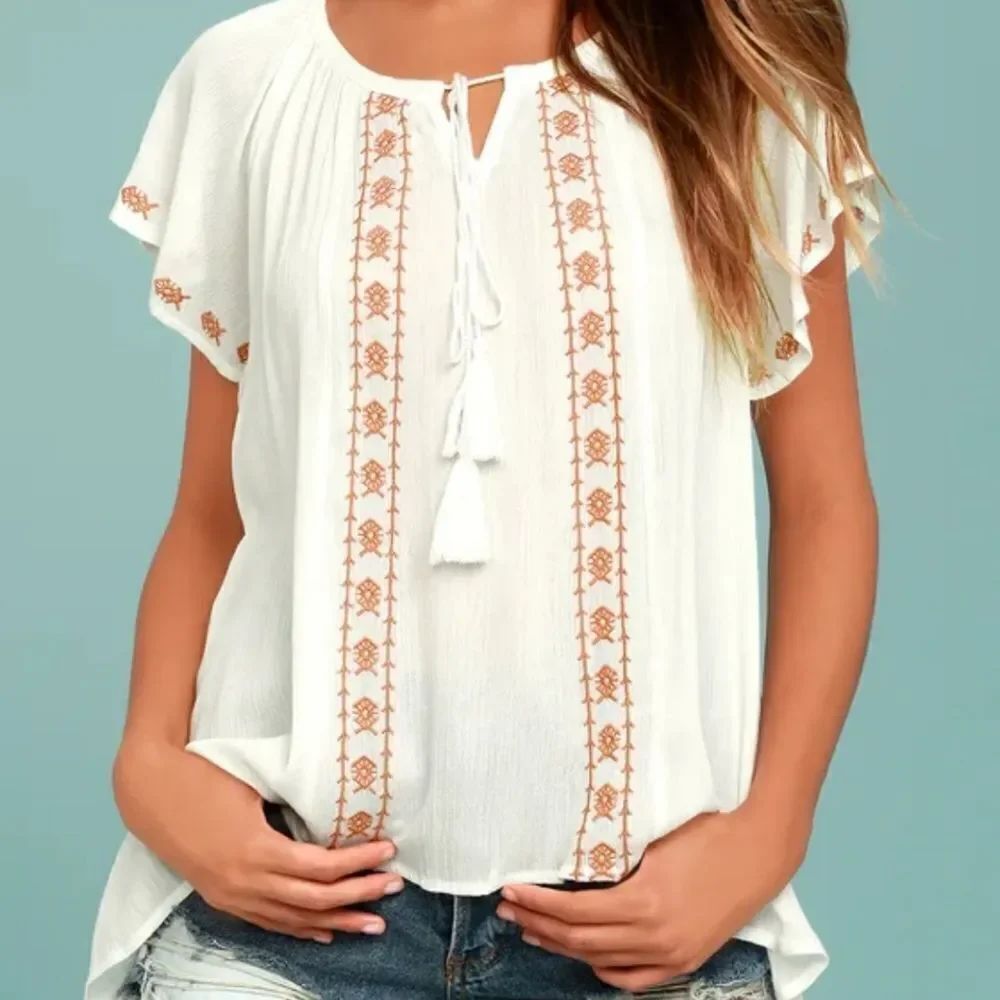 Lulus Puebla Rust Orange and White Embroidered Top